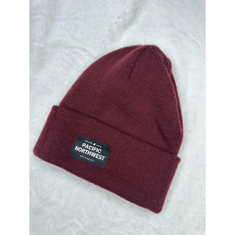 Yupoong Hat Beanie Mens One Size Red Knit Cuffed Pacific Northwest Patch Winter